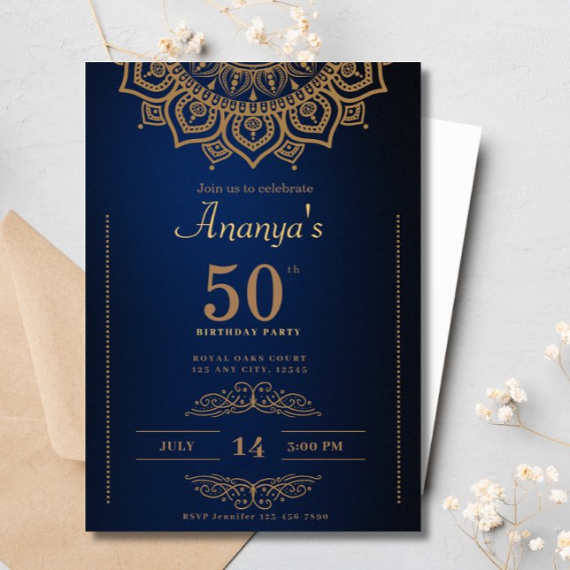 Convites 50º aniversário Dourado Mandala Elegante Simples (Criador carregado)