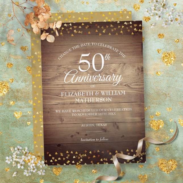 Convites 50º Aniversário Dourado Mudar a Data Rústico (50th Golden Anniversary Change the Date Rustic Invitation)