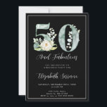 Convites 50º aniversário Fabuloso<br><div class="desc">Um elegante 50 e fabuloso convite de aniversário com florais de aquarela e tipo bonito de escrita. Branco sobre preto,  com uma borda branca</div>