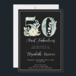 Convites 50º aniversário Fabuloso<br><div class="desc">Um elegante 50 e fabuloso convite de aniversário com florais de aquarela e tipo bonito de escrita. Branco sobre preto,  com uma borda branca</div>