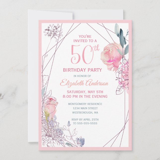 Convites 50º Aniversário Festa Floral Blush Rosa Watercolor (Frente)