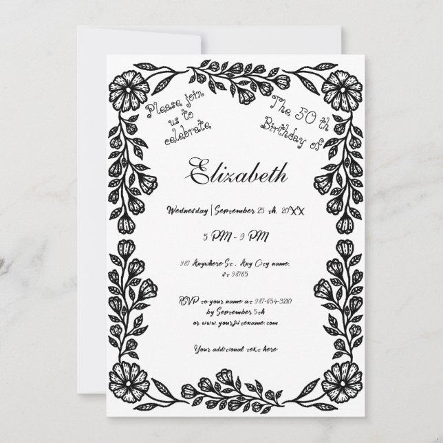 Convites 50º Aniversário Floral Botânico Preto e Branco (Frente)