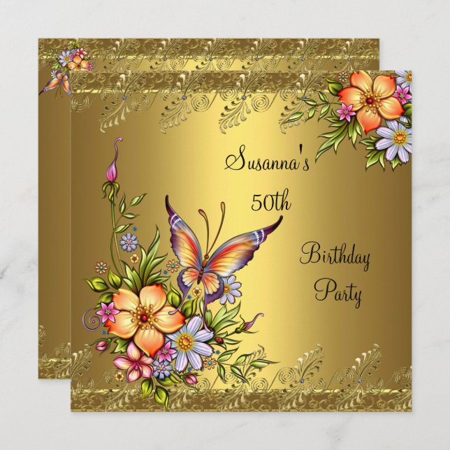 Convites 50º Aniversário Flores Douradas Amarelas Rosa-Rosa (Frente/Verso)
