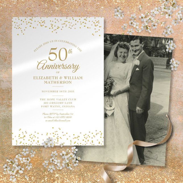 Convites 50º Aniversário Foto do Seu Casamento Pó de Ouro (50th Anniversary Your Wedding Photo Gold Dust Invitation)