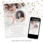 Convites 50º Aniversário Foto Elegante Cor-de-Rosa Branco F<br><div class="desc">50.º Aniversário Convite Fotográfico Elegante Cor-de-Rosa Branco Floral Suave e Rosa. Um belo e elegante convite para o design floral, que apresenta lindas e suaves flores rosa. Este design permite adicionar uma foto da pessoa de aniversário e todos os detalhes são totalmente personalizáveis. Precisa de ajuda com este modelo? Entre...</div>