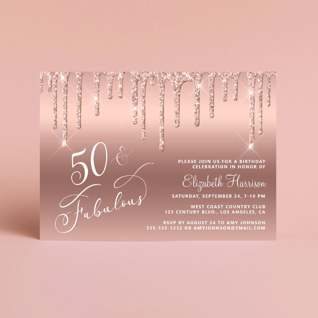 Convites 50º Aniversário Glitter Rosa Dourado (Celebrate her 50 years of sparkle with an elegant rose gold glitter birthday party invitation  🎂 🥂)
