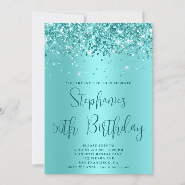 Convites 50º Aniversário Glittery Pale Aqua Teal (Frente)
