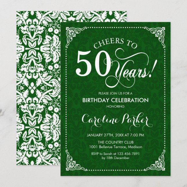 Convites 50º aniversário - Green Damask (Frente/Verso)