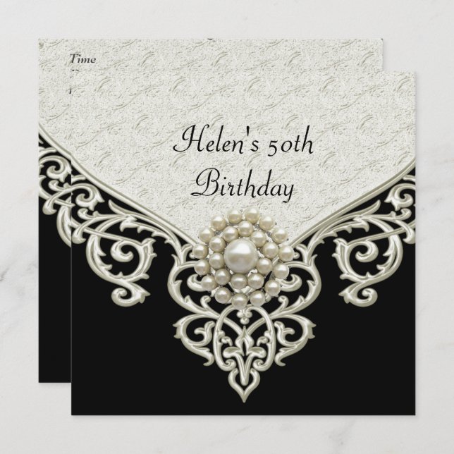 Convites 50º Aniversário Joia Preta-Branca-Creme (Frente/Verso)