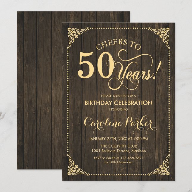 Convites 50º aniversário - Madeira russa Dourada (Frente/Verso)