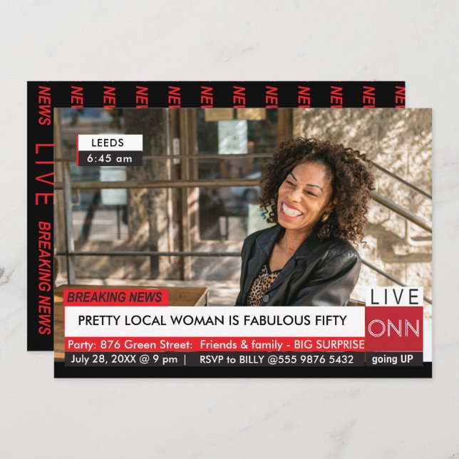 Convites 50º Aniversário Mulheres Engraçadas Notícias na TV (Frente/Verso)