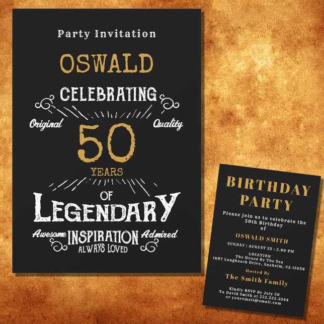 Convites 50º Aniversário Nascer Legendário Retro Dourado Pr (For those celebrating their 50th birthday we have the ideal birthday party invitation)