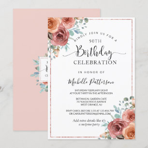 Convites 50º Aniversário (ou outro), Dourado Rosa, Floral B