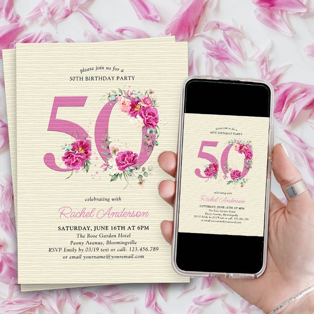 Convites 50º Aniversário Pink Peony Floral Número 50 (50th Birthday Invitation with pink floral number 50 - elegant vintage design with roses and peonies)