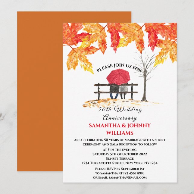 Convites 50º Aniversário Queda Folhas Laranja de outono (Frente/Verso)