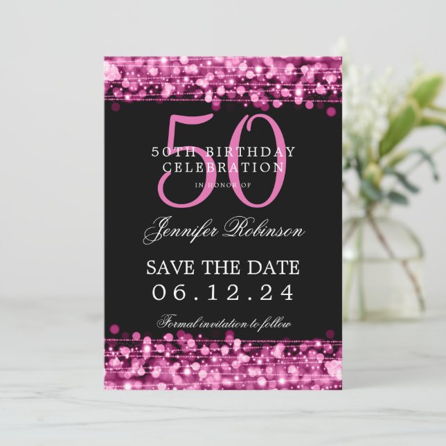 Convites 50º aniversário rosa a quente Salvar a data (Em pé/Frente)