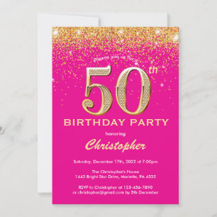 Convites 50º Aniversário, Rosa Quente e Dourada Confetti