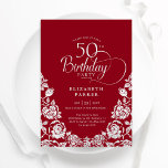 Convites 50º Aniversário Rosas de Prata Vermelha<br><div class="desc">Convite de aniversário 50º e elegante prata vermelha. Design clássico com rosas, folha prateada falsa e letra de script de tipografia. A Trendy convida o cartão perfeito para uma festa de na moda. Personalize com seus próprios detalhes. Pode ser personalizado para qualquer idade. Impressos convites Zazzle ou modelo de impressão...</div>
