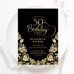 Convites 50º aniversário Rosas Dourados pretos<br><div class="desc">Ouro preto elegante 50º convite de aniversário. Design clássico com rosas, folha de ouro falsa e letra de script de tipografia. A Trendy convida o cartão perfeito para uma festa de na moda. Personalize com seus próprios detalhes. Pode ser personalizado para qualquer idade. Impressos convites Zazzle ou modelo de impressão...</div>