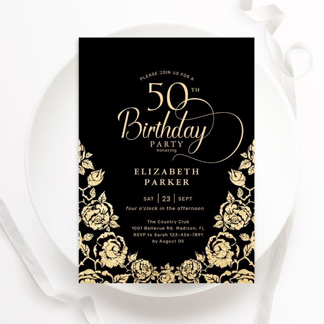 Convites 50º aniversário Rosas Dourados pretos (Criador carregado)