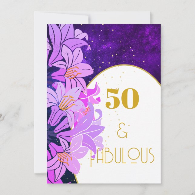 Convites 50º Aniversário Roxo Floral Dourado Moderno (Verso)