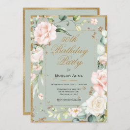 Convites 50º Aniversário Sage Verde Dourada Aquarela Floral