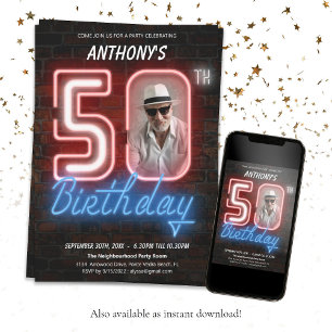 Convites  50º Aniversário - Sinal de Neon - Festa Persona