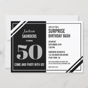 Convites 50º aniversário surpresa Bash moderno preto e bran