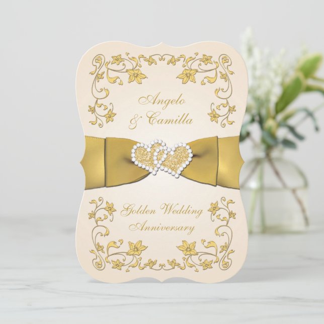 Convites 50º Aniversário Unida Hearts, Ecru, Dourado (Em pé/Frente)