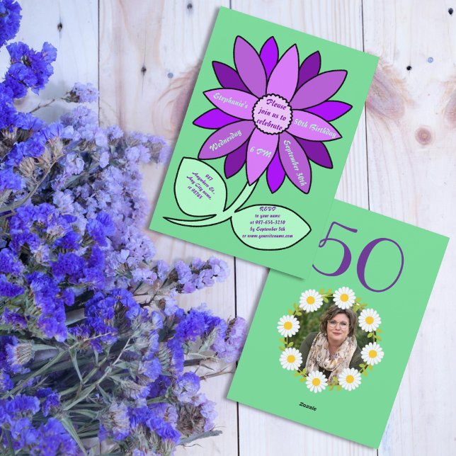 Convites 50º aniversário verde girassol roxo simples (Criador carregado)