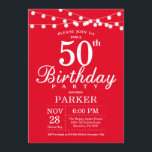 Convites 50º Aniversário - Vermelho<br><div class="desc">50º Convite de Aniversário com Luzes de Cordas. Fundo Vermelho. 13 15 16º 18º 20 21 rua 30 40º 50º 80 de 60º 70 de 100º,  qualquer idade.
Para mais personalização,  clique no botão "Personalizar" e use a ferramenta design para modificar este modelo.</div>