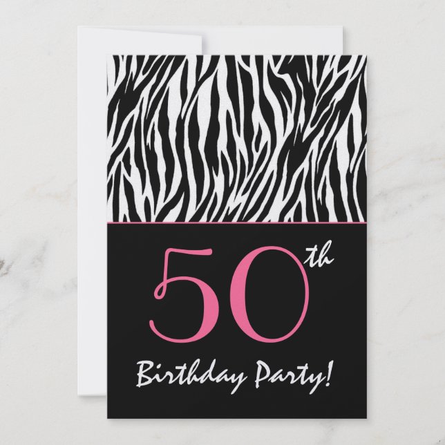 Convites 50º aniversário Zebra Stripes Black White com rosa (Frente)