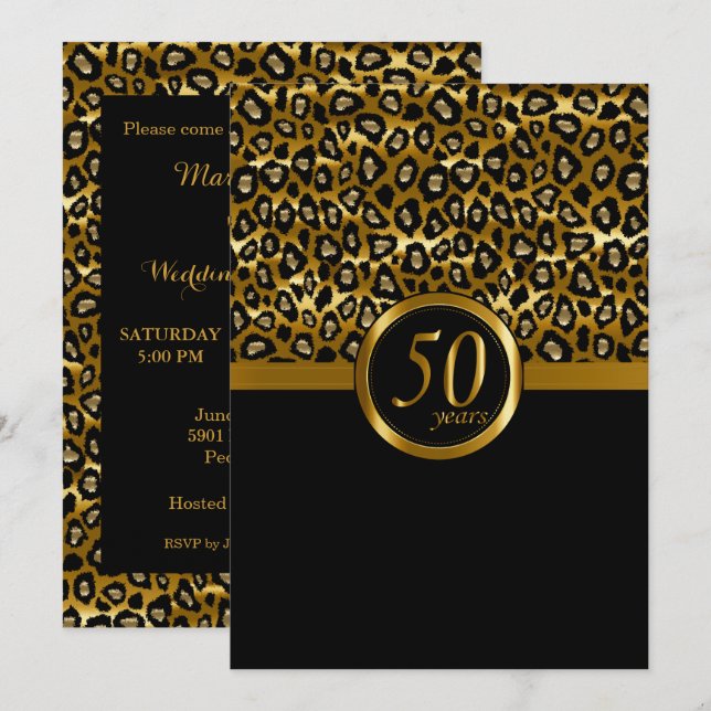 Convites 50º Ano Dourado Padrão Leopardo Aniversário (Frente/Verso)