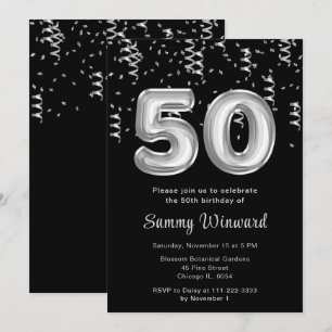 Convites 50º Balões de Prata de Aniversário com Confetti