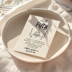 Convites 50º Bolo desenhado à Mão Alô 50 Aniversário