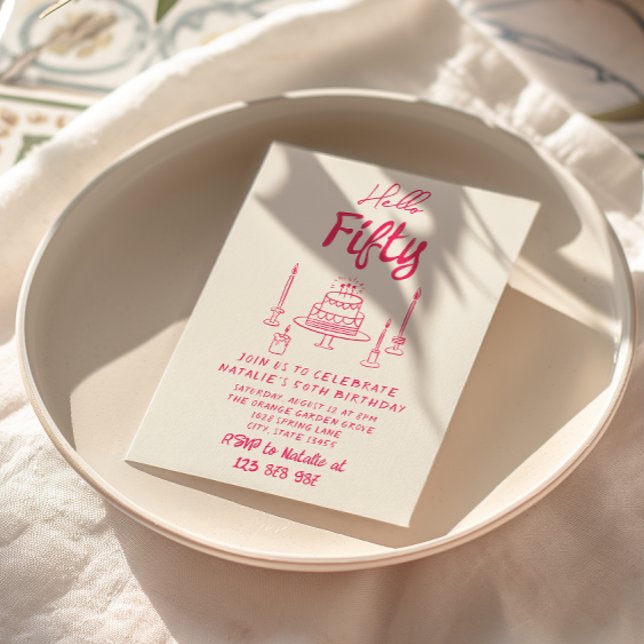 Convites 50º Bolo Rosa Desenhado à Mão Alô 50 Aniversário (Criador carregado)