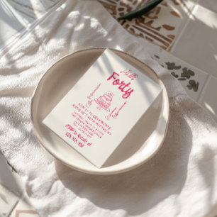 Convites 50º Bolo Rosa Desenhado à Mão Alô 50 Aniversário