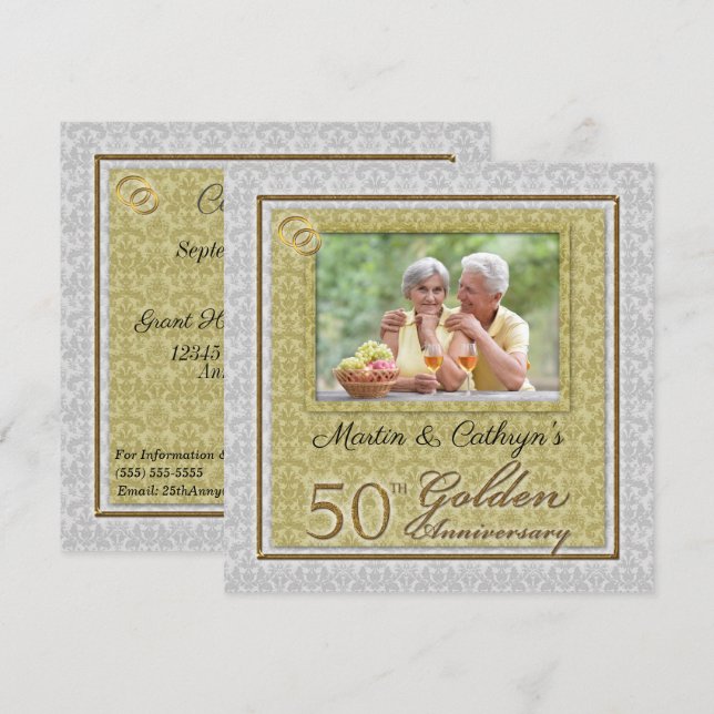 Convites 50º Damask de Aniversário Dourado com Foto (Frente/Verso)