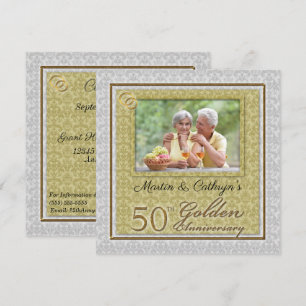Convites 50º Damask de Aniversário Dourado com Foto