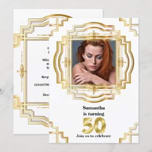 Convites 50º elegante quadro branco dourado fotográfico cin