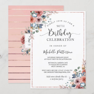 Convites 50º (ou outro) Aniversário Dourado, Blush Floral