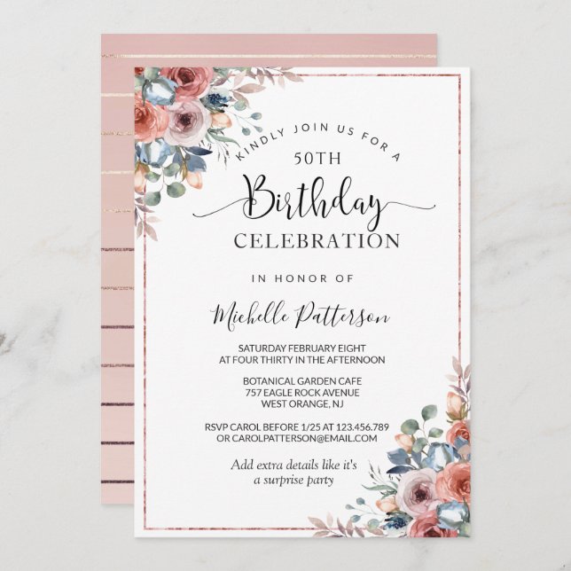 Convites 50º (ou outro) Rosa de Aniversário Dourado, Blush  (Frente/Verso)