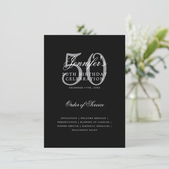 Convites 50º Programa de Aniversário do Elegante Preto Prat (Em pé/Frente)