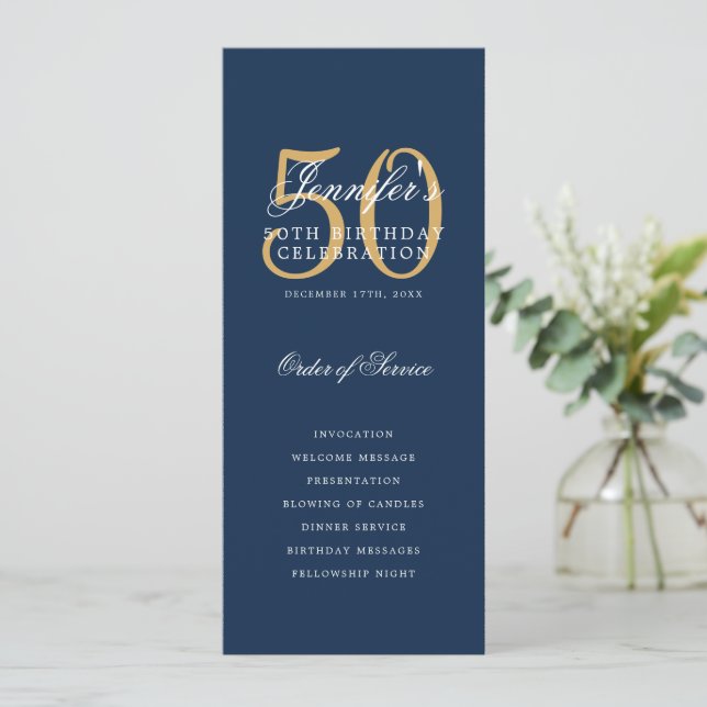 Convites 50º Programa de Aniversário, Marinho Dourado Azul  (Em pé/Frente)