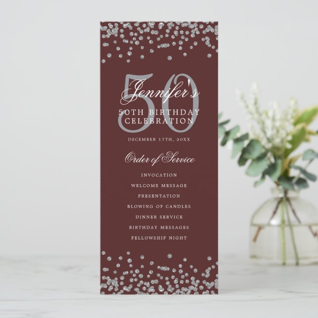 Convites 50º Programa de Aniversário Silver Burgundy Confet (Em pé/Frente)
