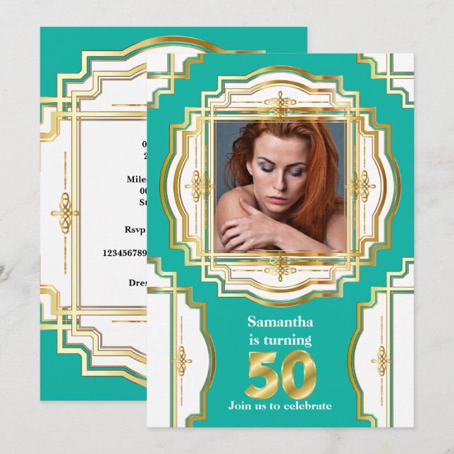 Convites 50º quadro branco de cor branca e branco, elegante (Frente/Verso)