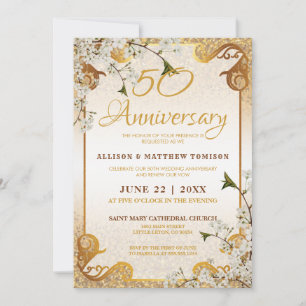 Convites 50º Quadro de Glitter Dourado Floral Aniversário d