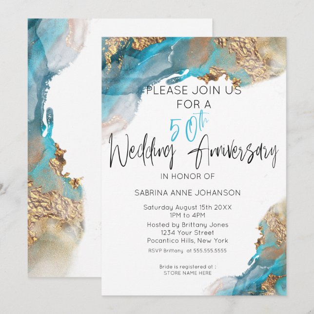 Convites 50º W de aniversário de Teal e Abstrato Dourado (Frente/Verso)