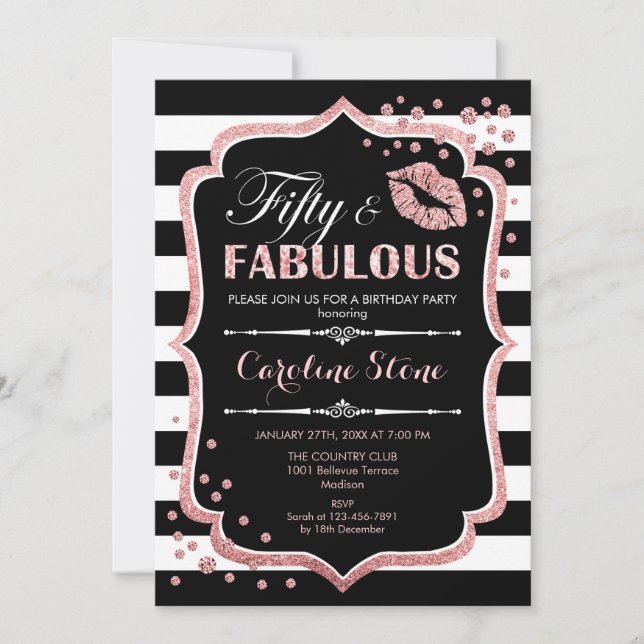 Convites 50.º aniversário - 50 Fabuloso Rosa preto Dourado (Frente)