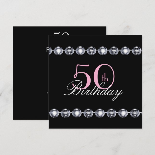 Convites 50.º aniversário com Invit de Brilho Rosa e Diaman (Frente/Verso)